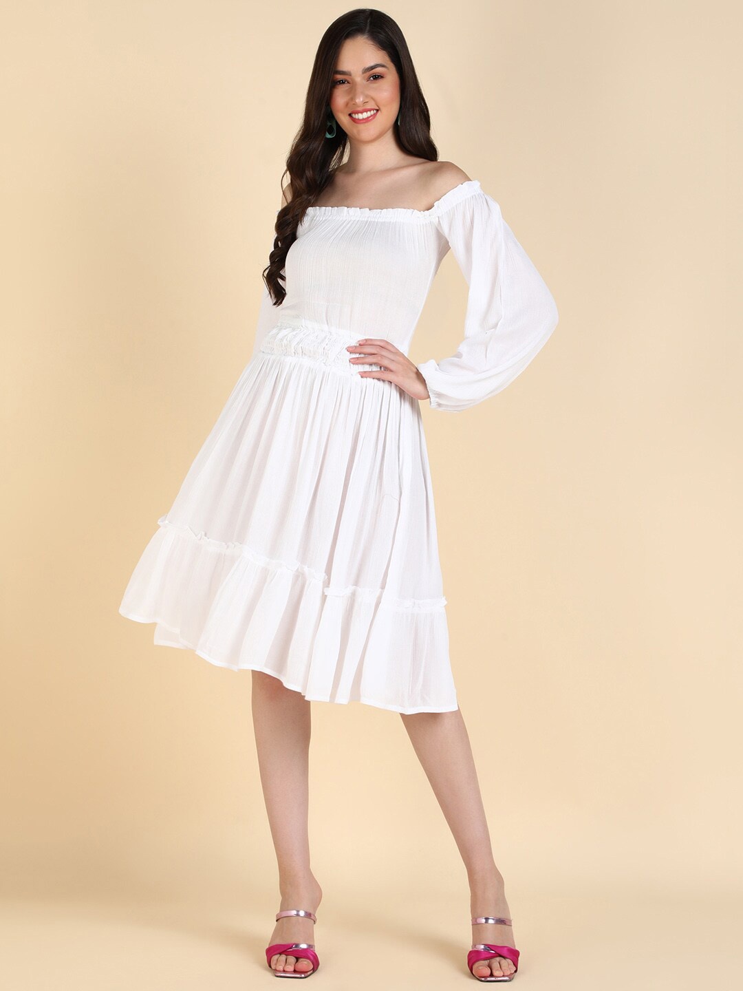 

Mast & Harbour Off Shoulder Puff Sleeve Fit & Flare Dress, White