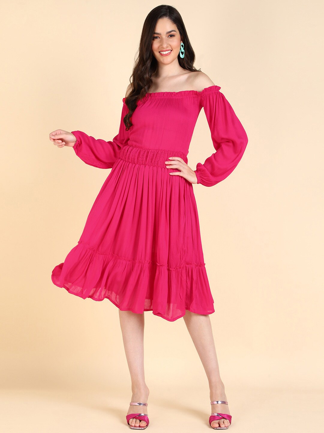 

Mast & Harbour Off Shoulder Puff Sleeve Fit & Flare Dress, Pink