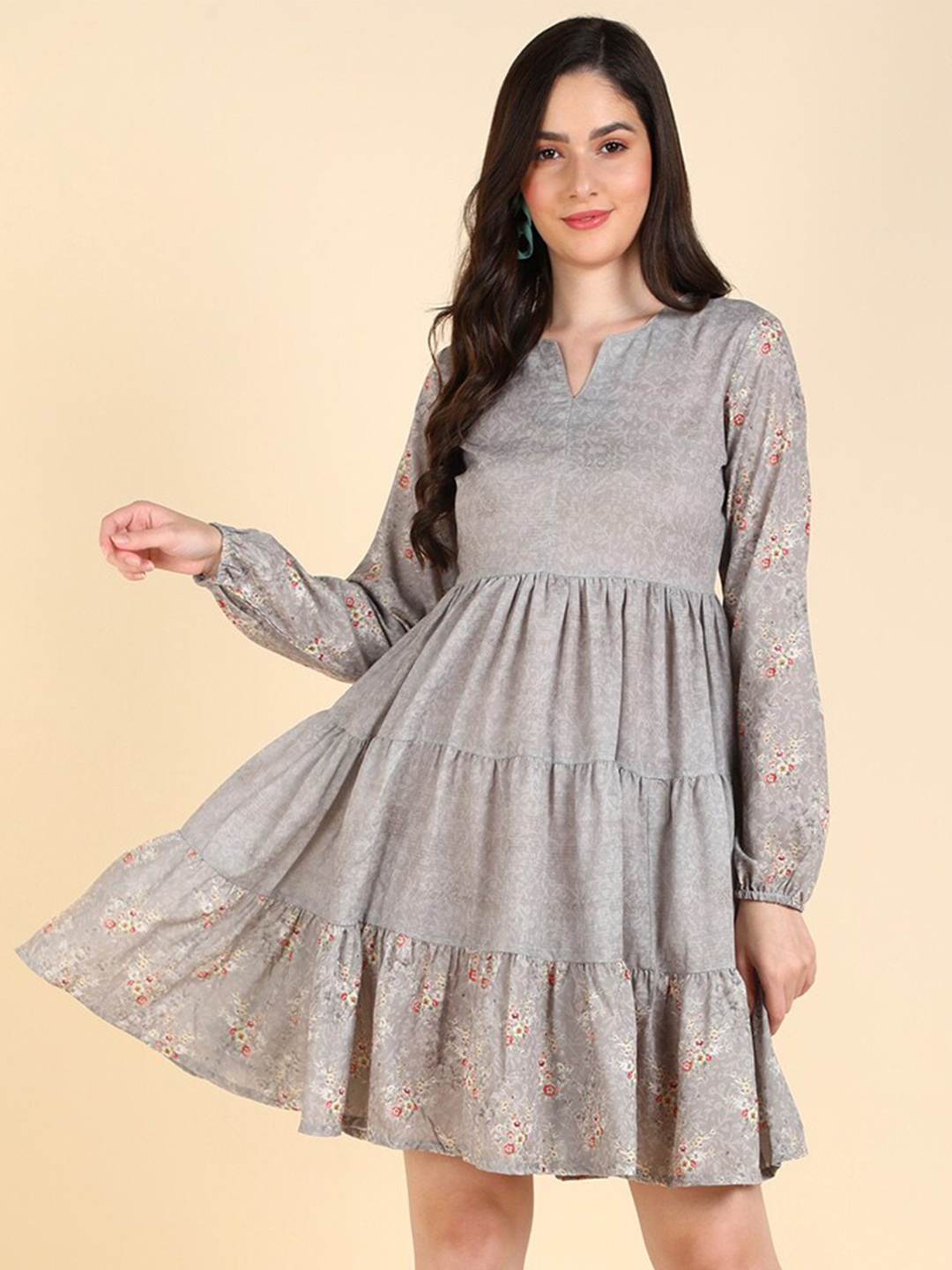 

MALHAAR Floral Printed Tiered Fit & Flare Dress, Grey