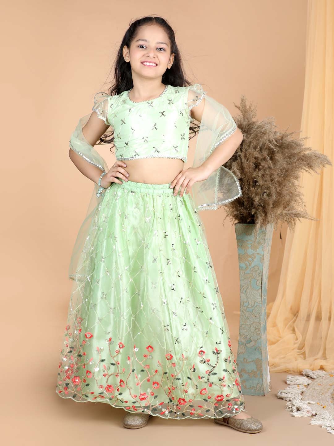 

Cutiekins Girls Floral Embroidered Ready to Wear Net Lehenga & Blouse With Dupatta, Green