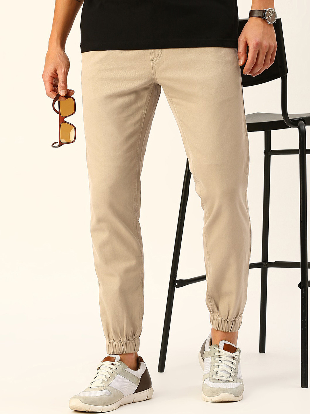 

HERE&NOW Men Mid-Rise Smart Slim Fit Joggers, Beige