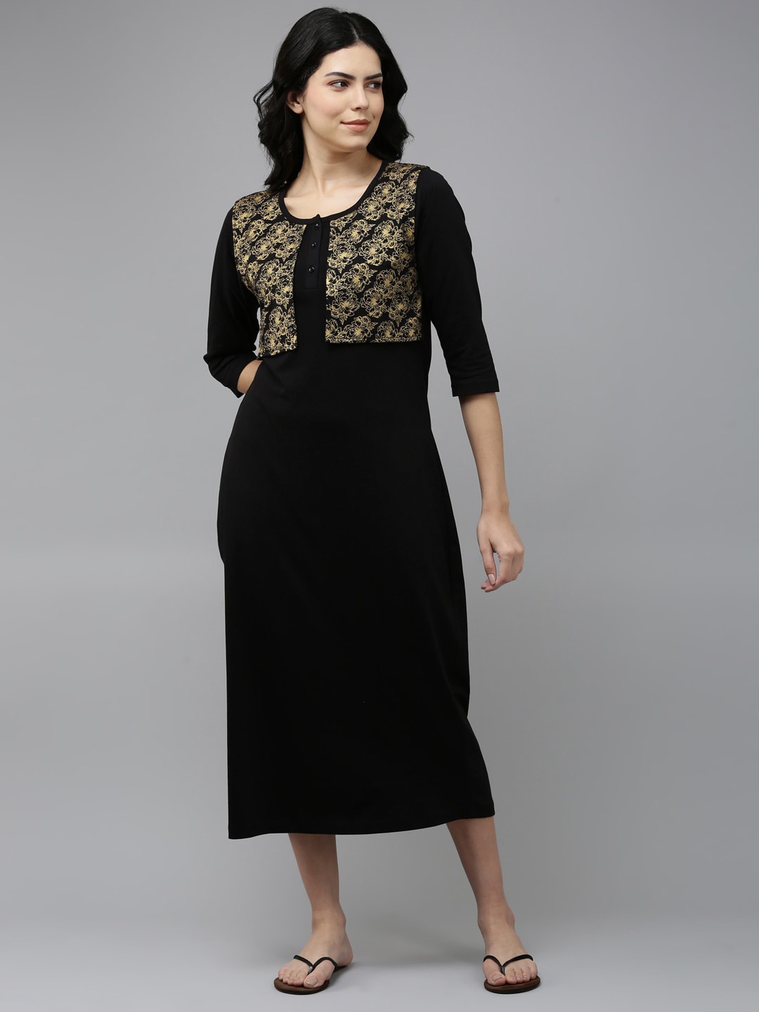 

Kryptic Floral Printed Pure Cotton Nightdress, Black