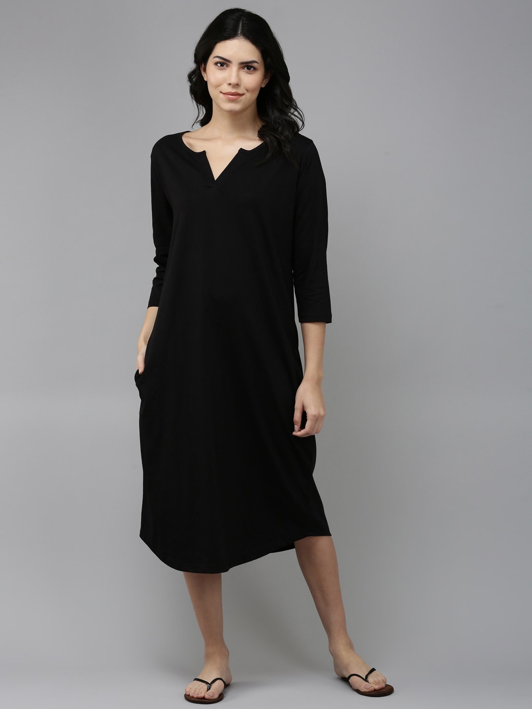 

Kryptic Three-Fourth Sleeves Pure Cotton T-shirt Nightdress, Black