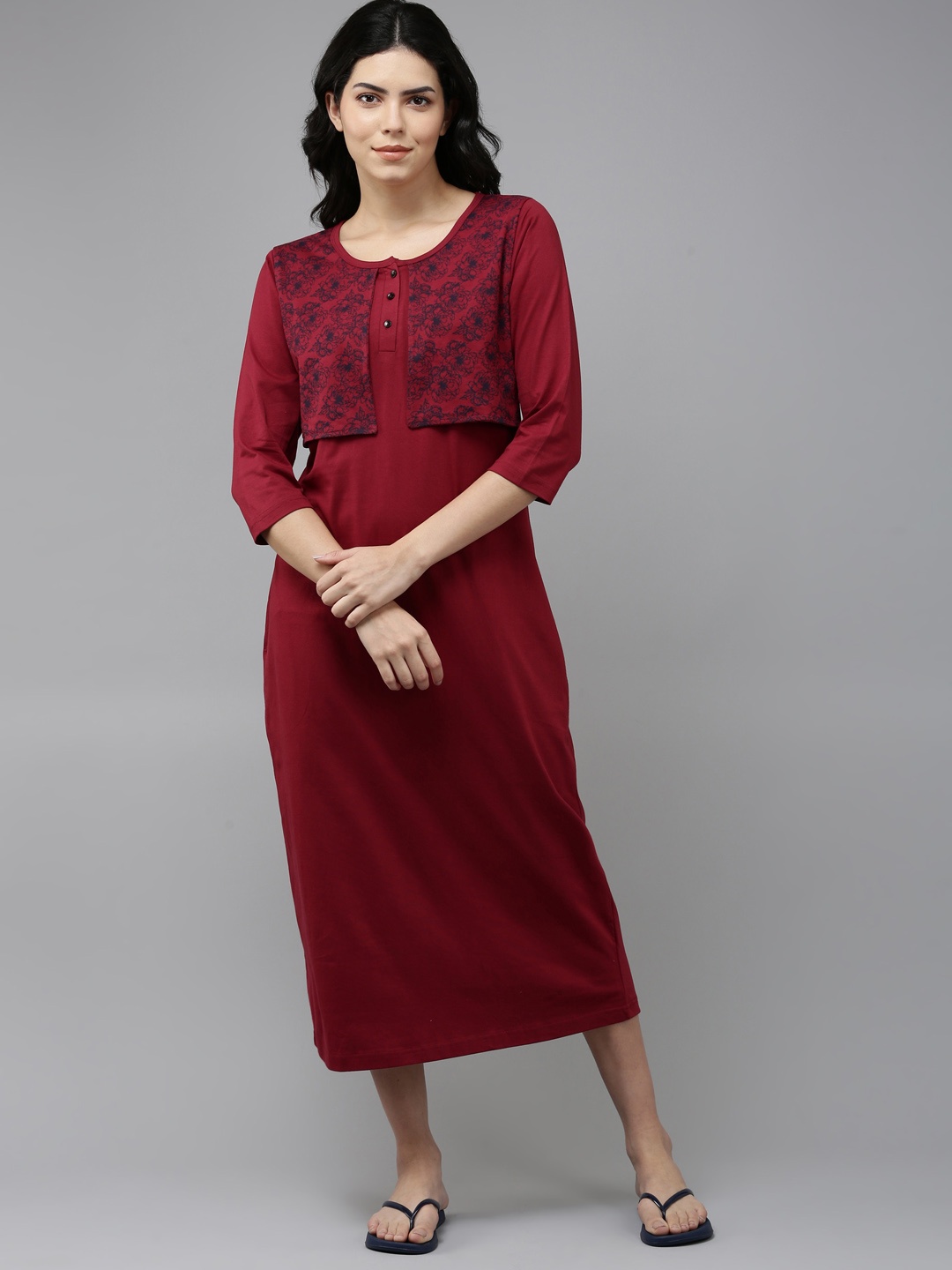 

Kryptic Floral Printed Pure Cotton Nightdress, Maroon