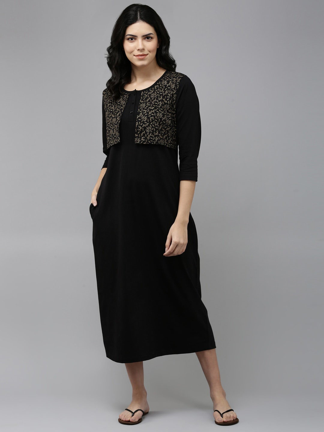 

Kryptic Floral Printed Pure Cotton Nightdress, Black