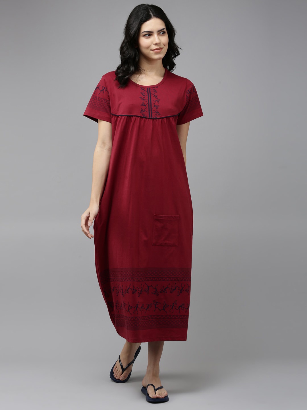 

Kryptic Ethnic Motifs Printed Pure Cotton Nightdress, Maroon