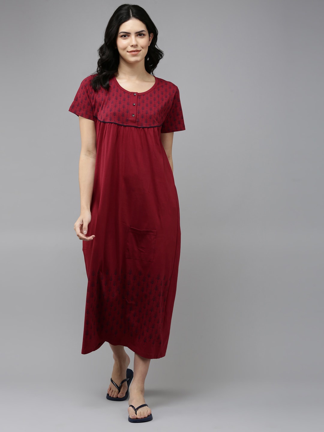 

Kryptic Printed Yoke Pure Cotton Relaxed Fit Midi Nightdress, Maroon