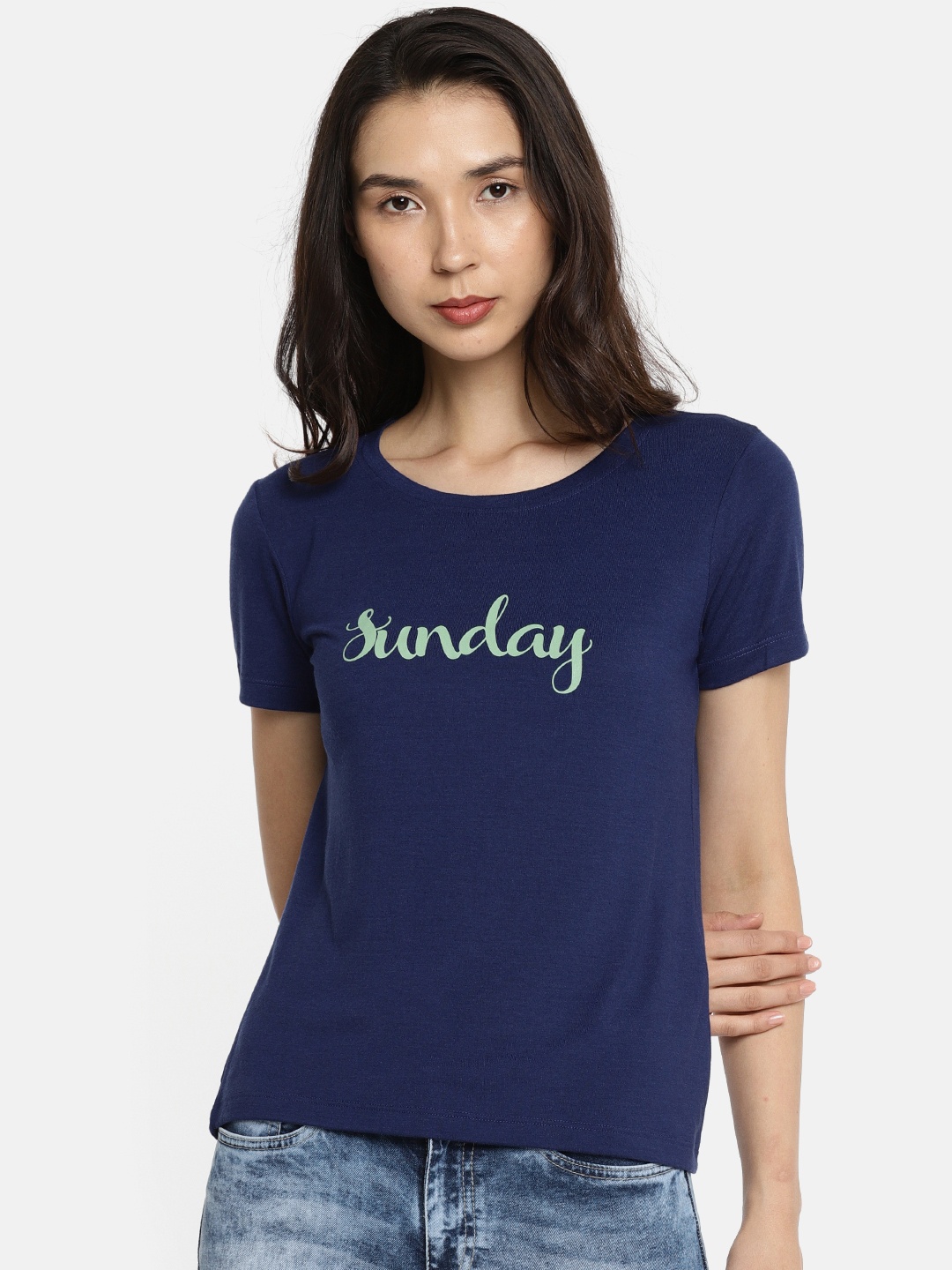 

ONLY Women Blue Printed Round Neck T-shirt