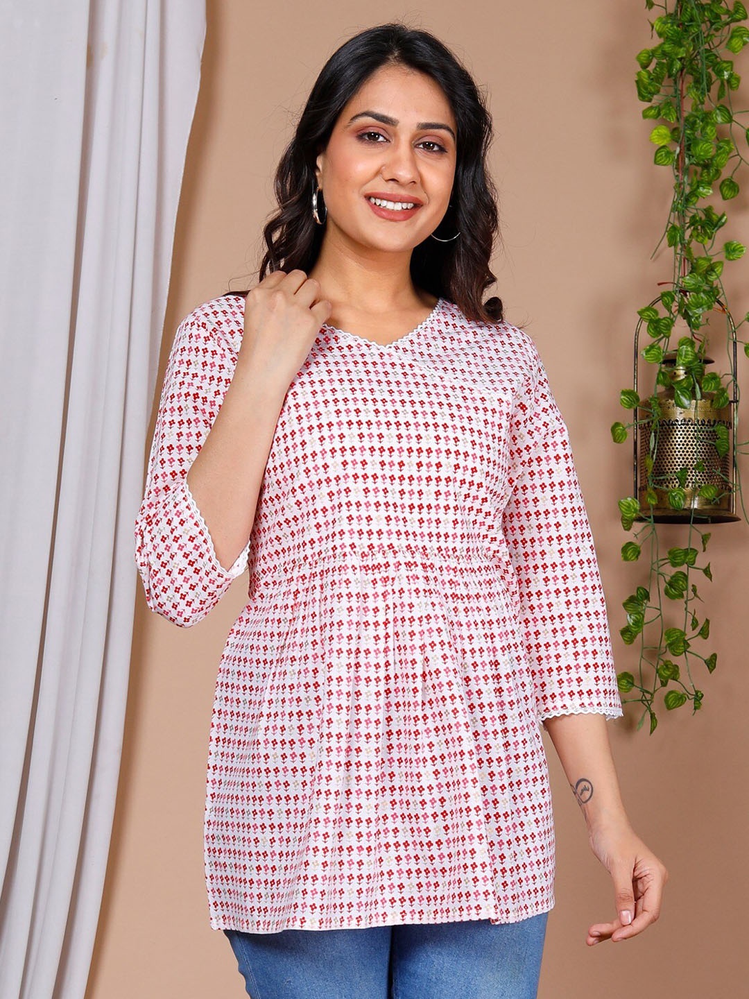 

misbis Floral Printed V-Neck Pleated Pure Cotton A-Line Top, Pink