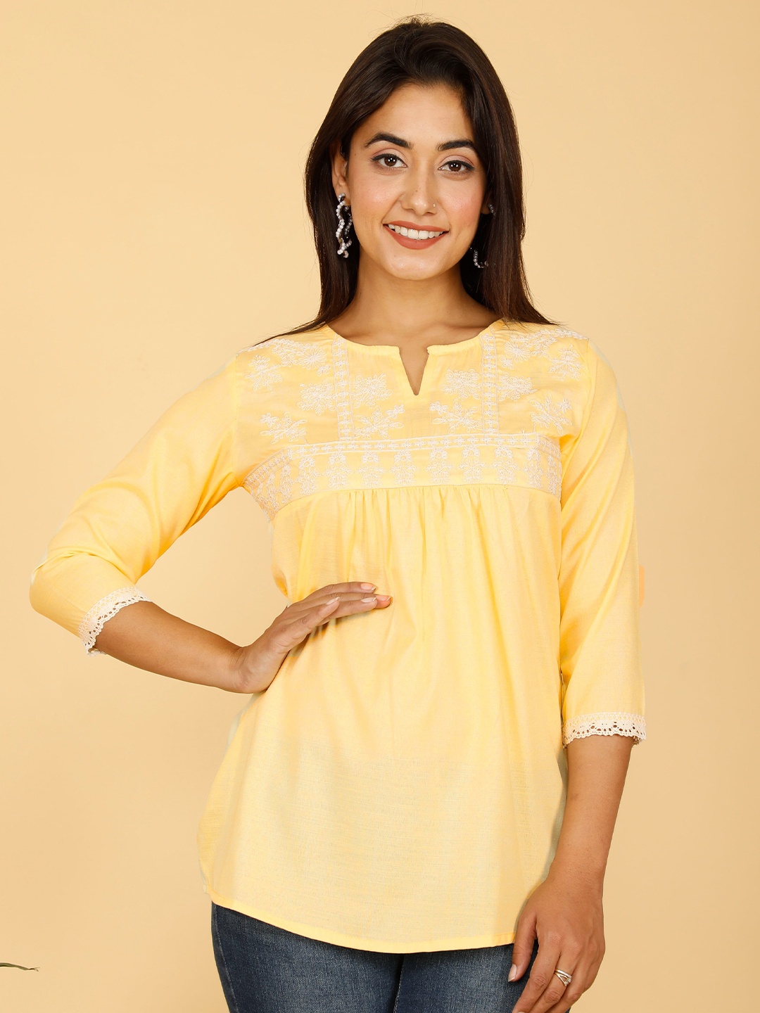 

misbis Ethnic Motifs Embroidred A-Line Top, Yellow