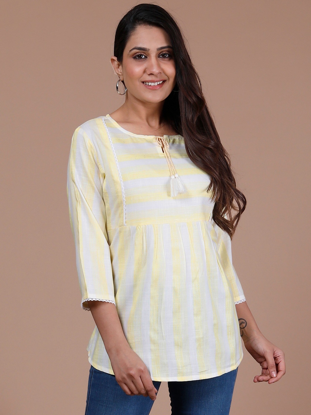 

misbis Striped Tie-Up Neck Top, Yellow