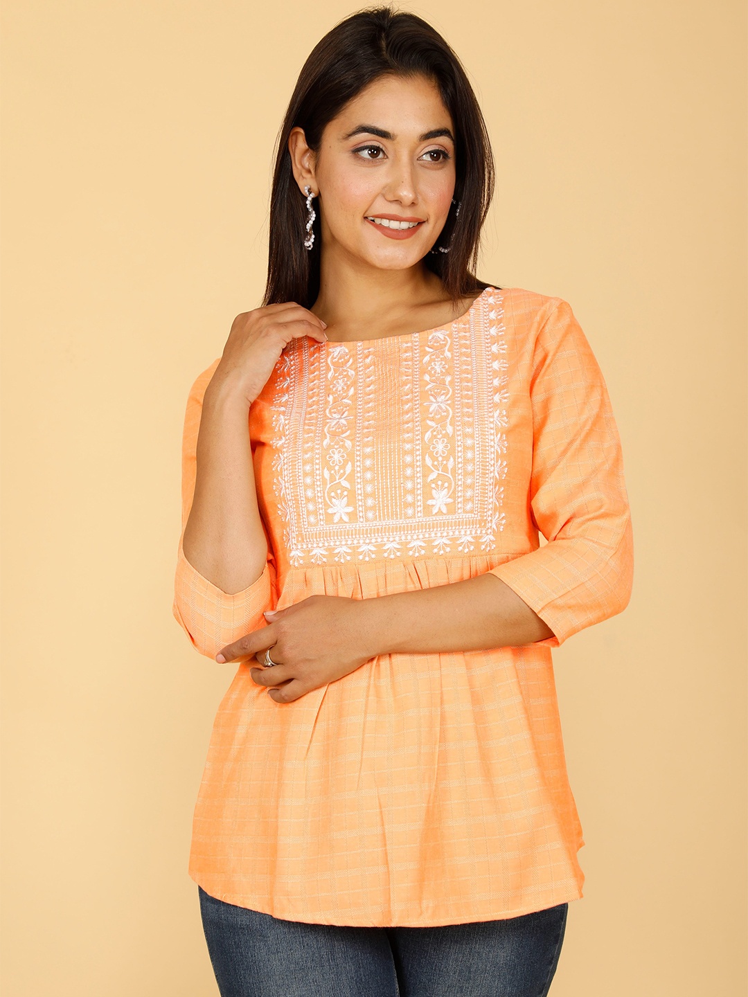 

misbis Striped Embroidred A-Line Top, Orange