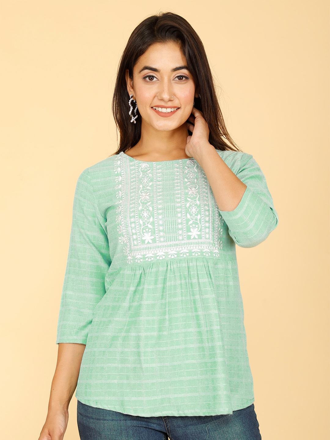

misbis Striped Embroidred A-Line Top, Green