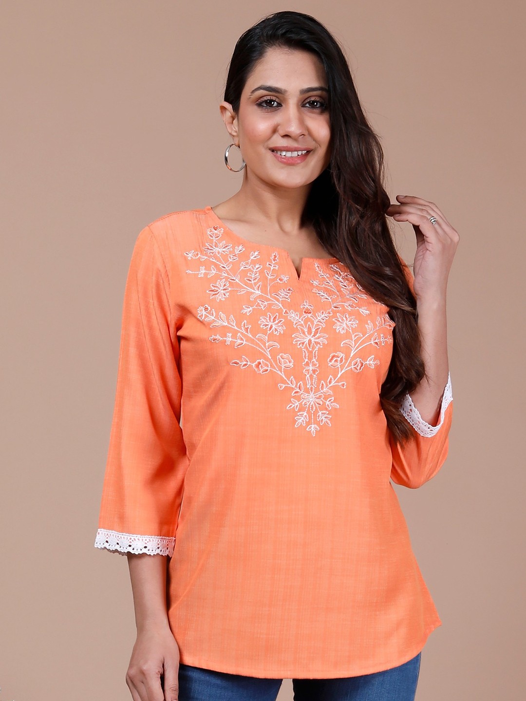 

misbis Floral Embroidered Notched Neck Top, Peach
