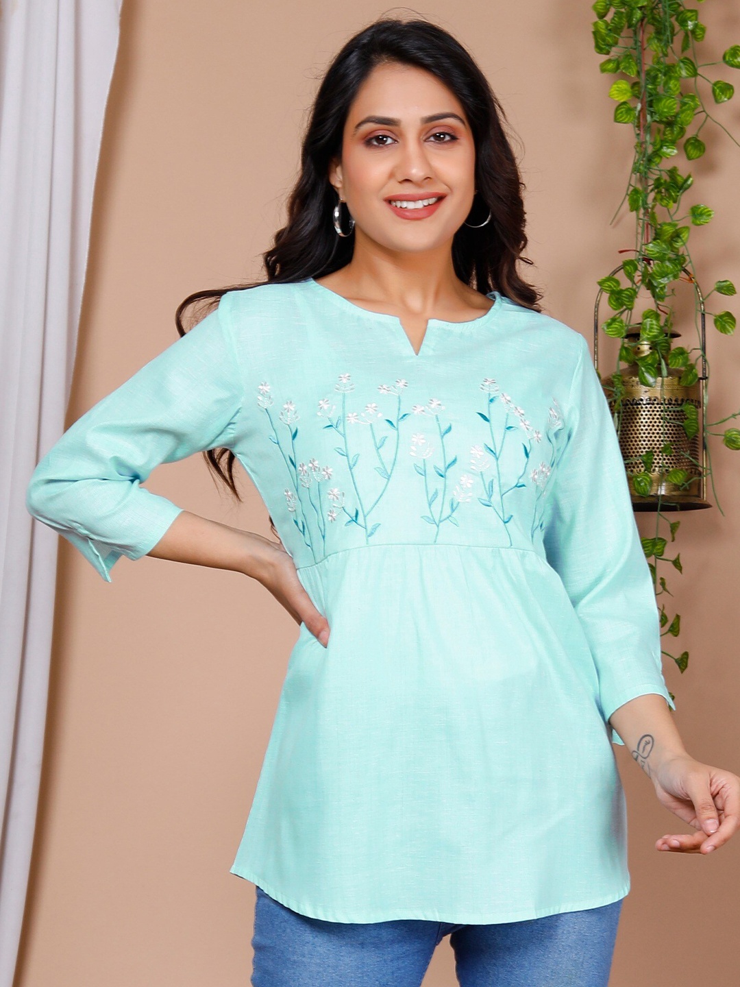 

misbis Floral Embroidered Notched Neck Pure Cotton Top, Sea green