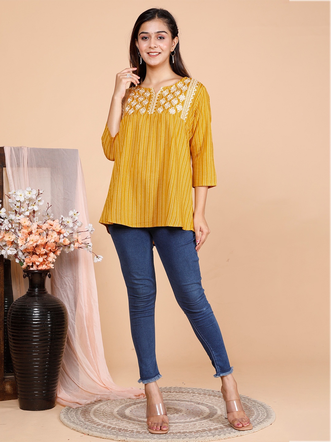 

misbis Striped Embroidered Top, Yellow