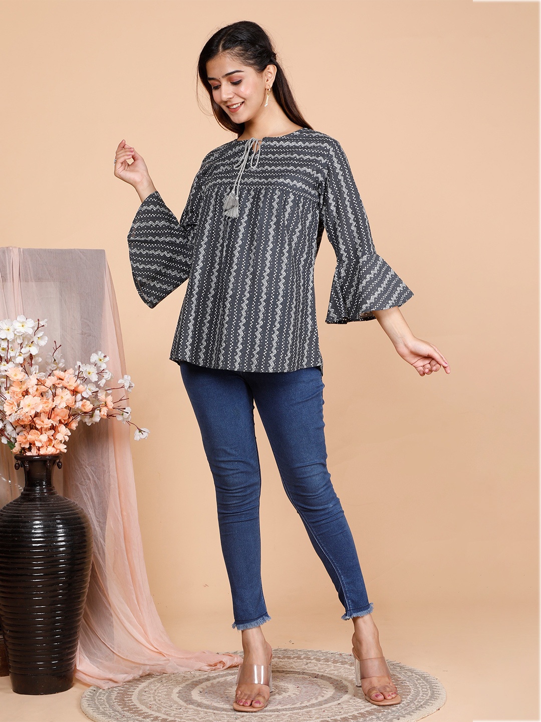 

misbis Striped Tie-Up Neck A-Line Pure Cotton Top, Black