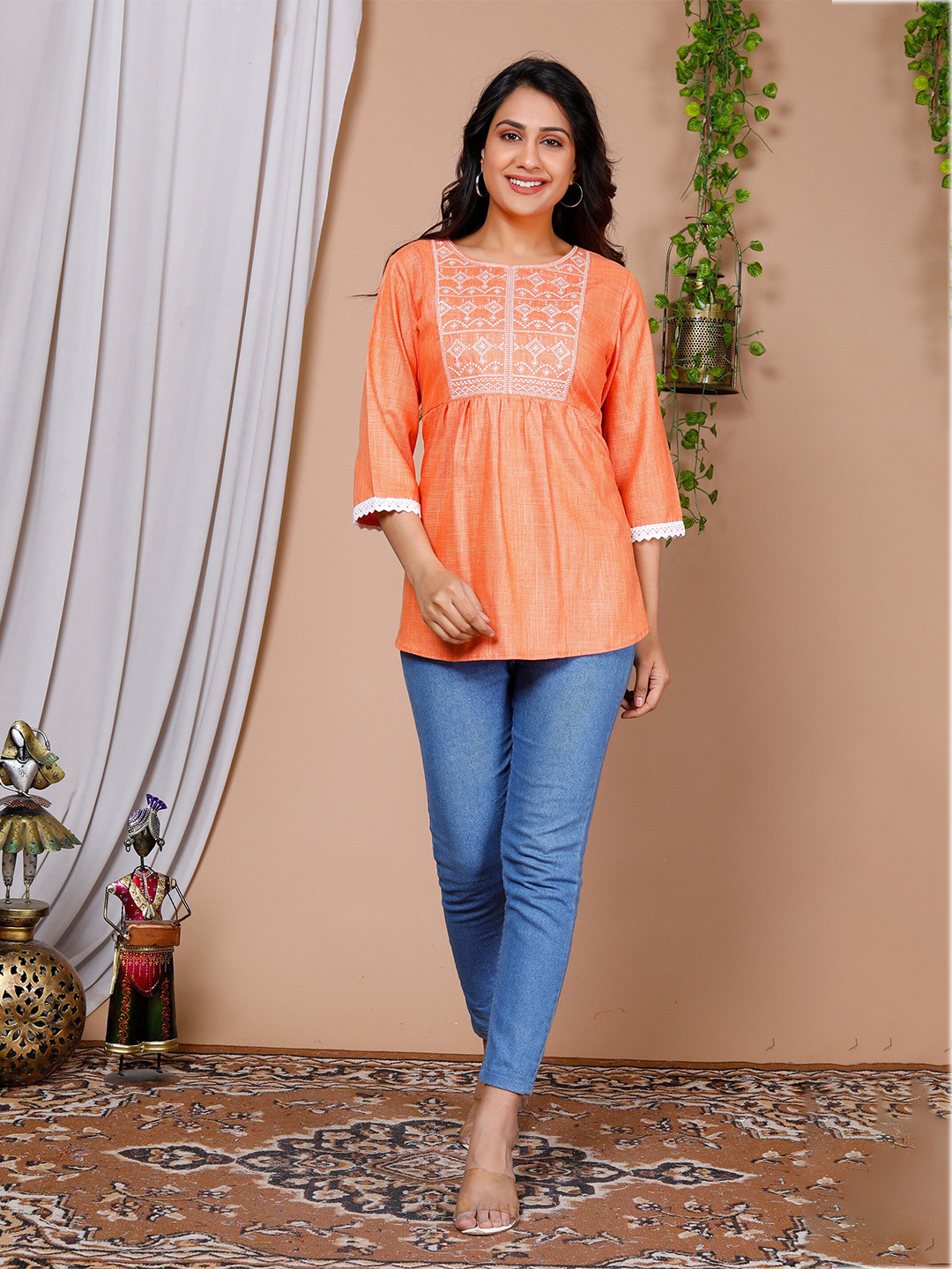 

misbis Ethnic Motifs Embeoidered Pleated A-Line Top, Orange