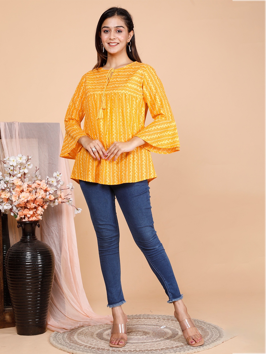

misbis Ethnic Motifs Printed Bell Sleeves Pleated Pure Cotton A-Line Top, Yellow