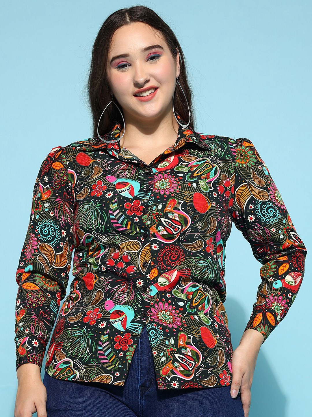 

KALINI Floral Printed Puffed Sleeves Casual Shirt, Green