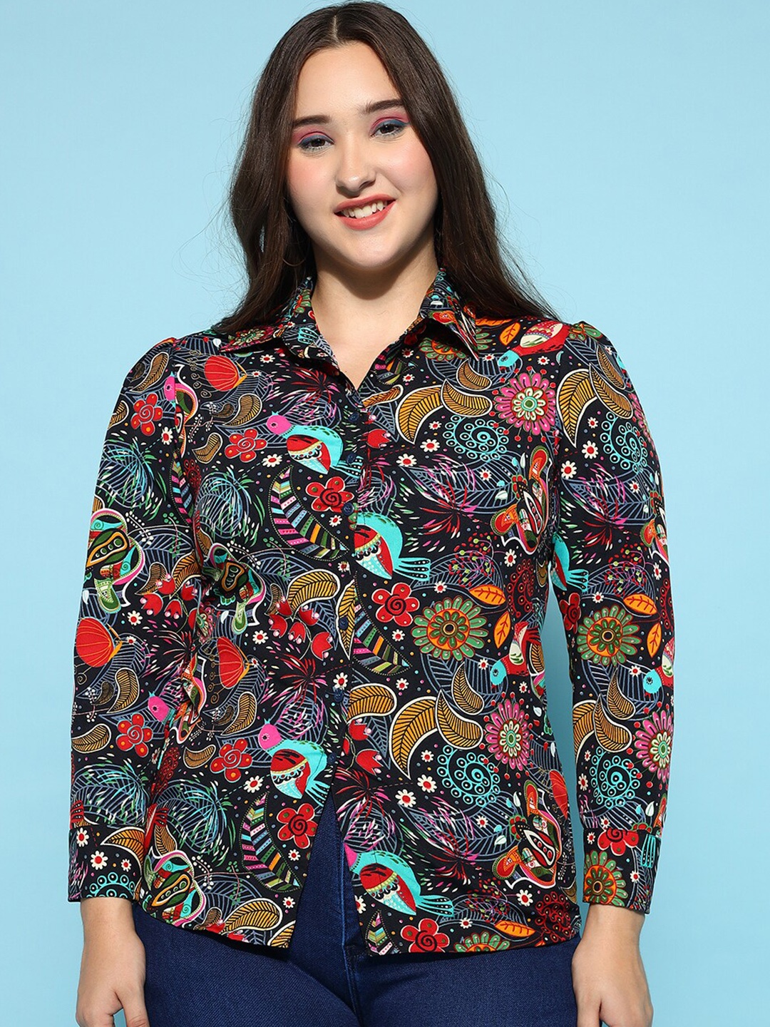 

KALINI Plus Size Floral Printed Casual Shirt, Blue