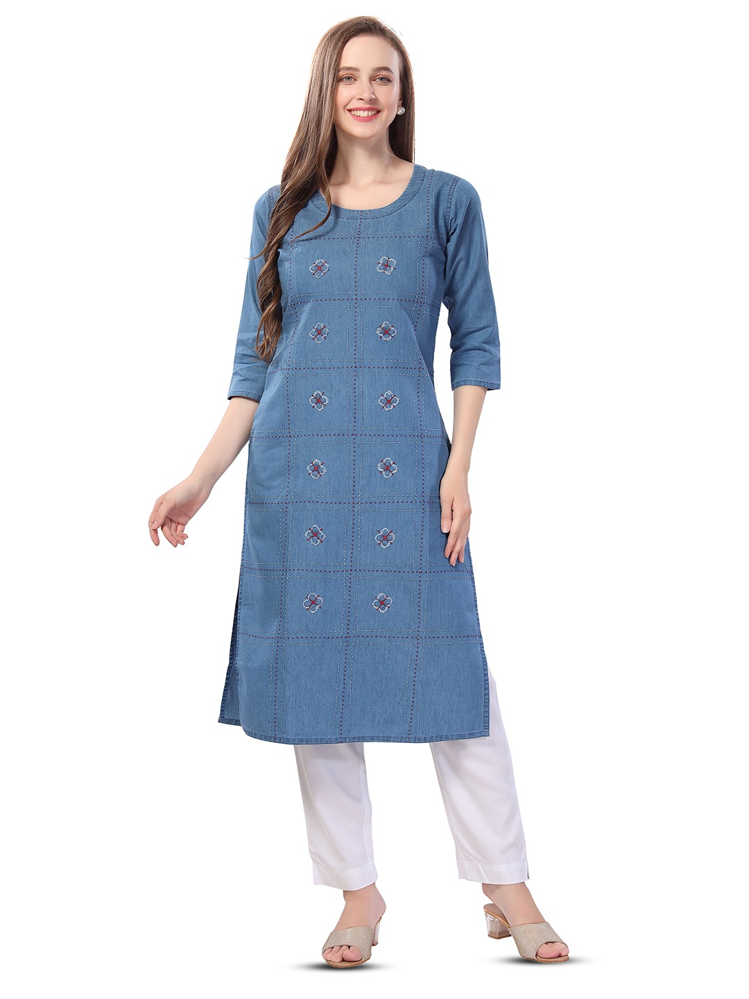 

keshubaba Floral Embroidered Denim Weave Straight Kurta, Blue