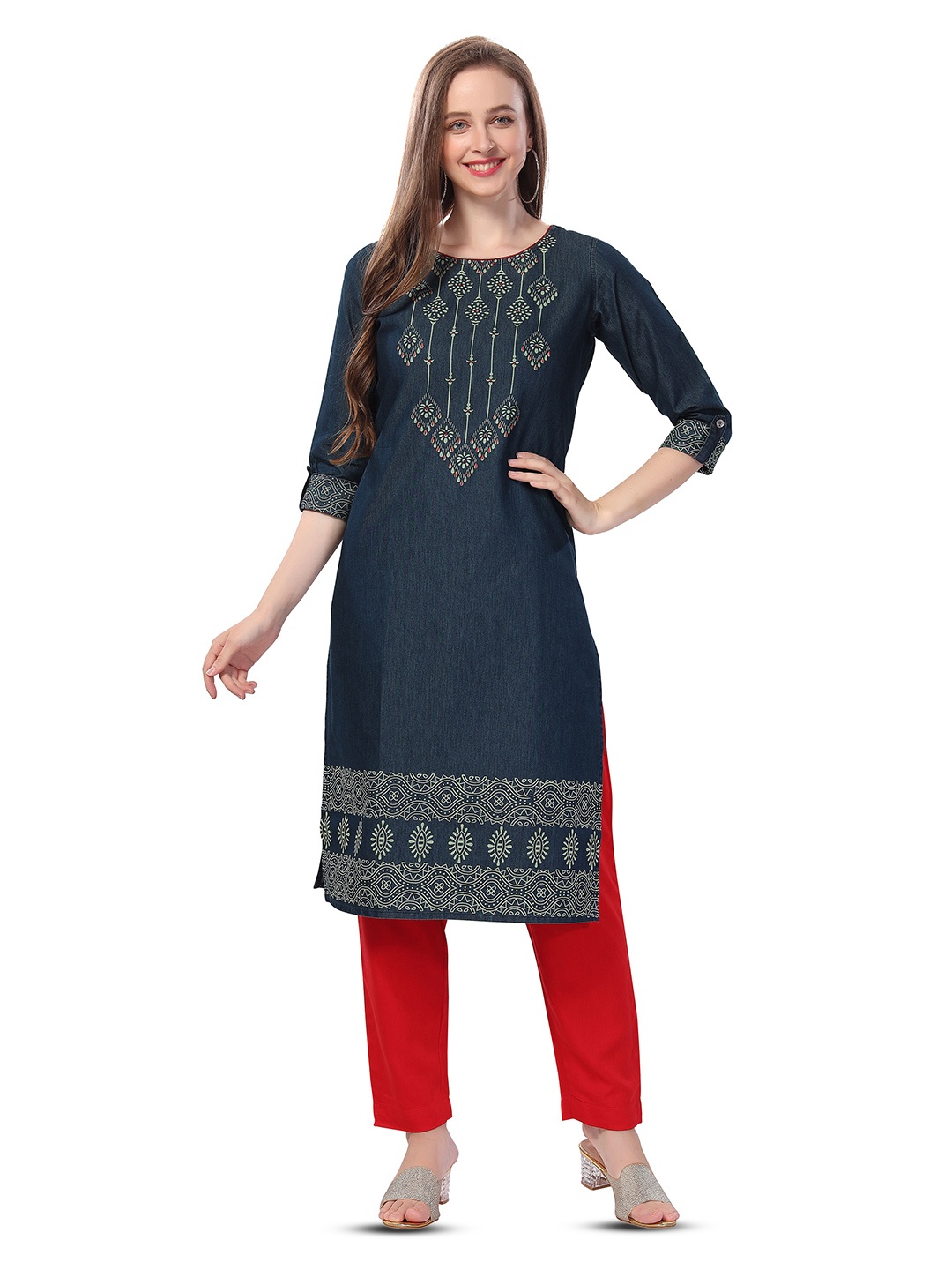 

keshubaba Ethnic Motifs Yoke Design Straight Kurta, Navy blue