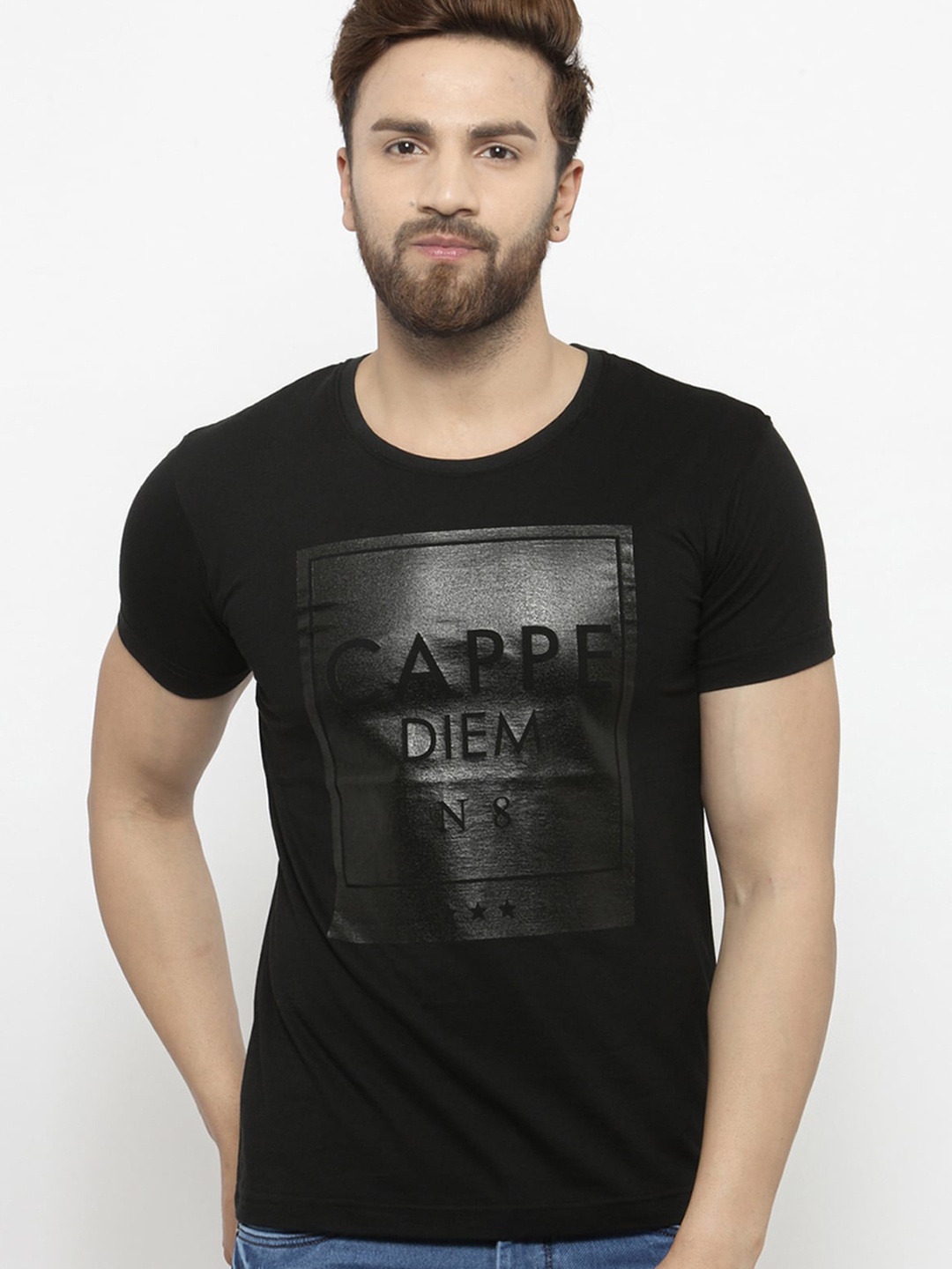 

GESPO Typography Printed Cotton T-shirt, Black