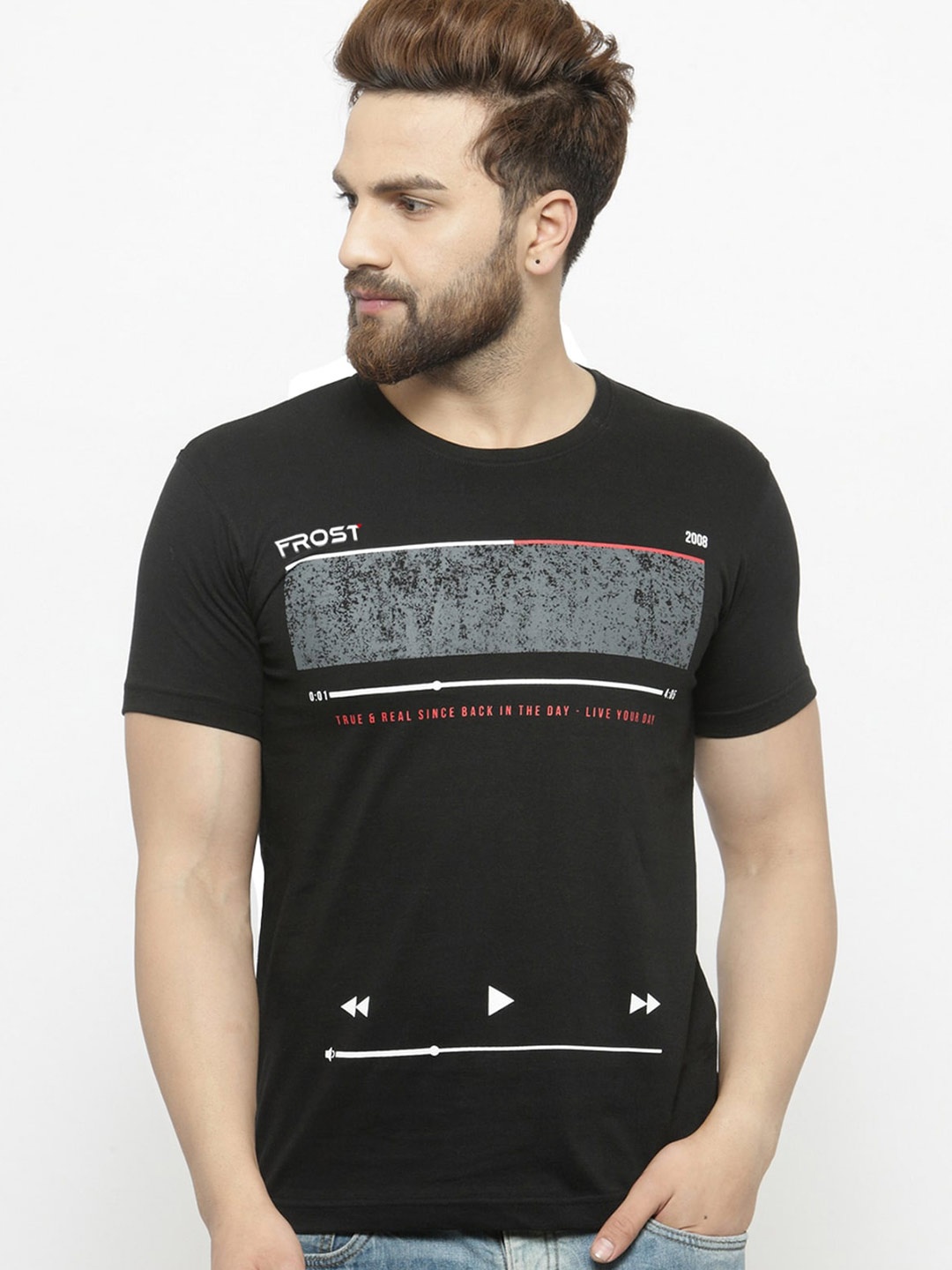 

GESPO Typography Printed Cotton T-shirt, Black