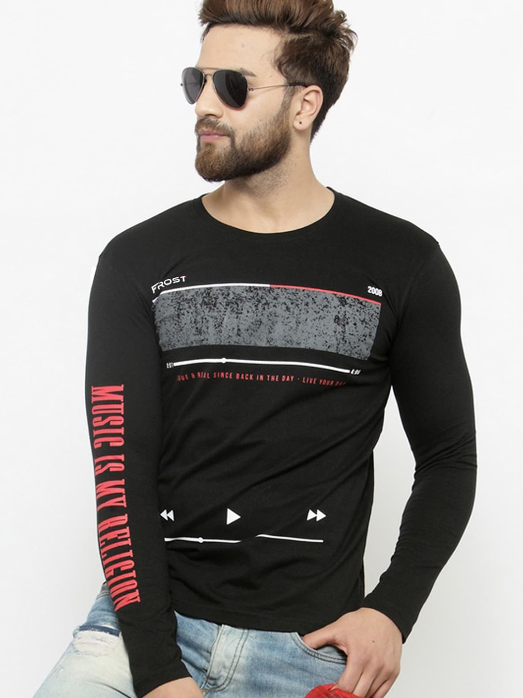 

GESPO Typography Printed Cotton T-shirt, Black