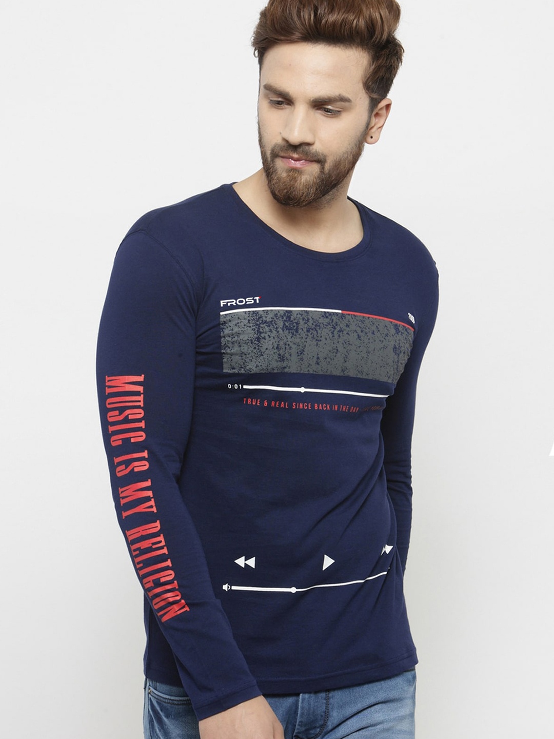 

GESPO Typography Printed Cotton T-shirt, Blue