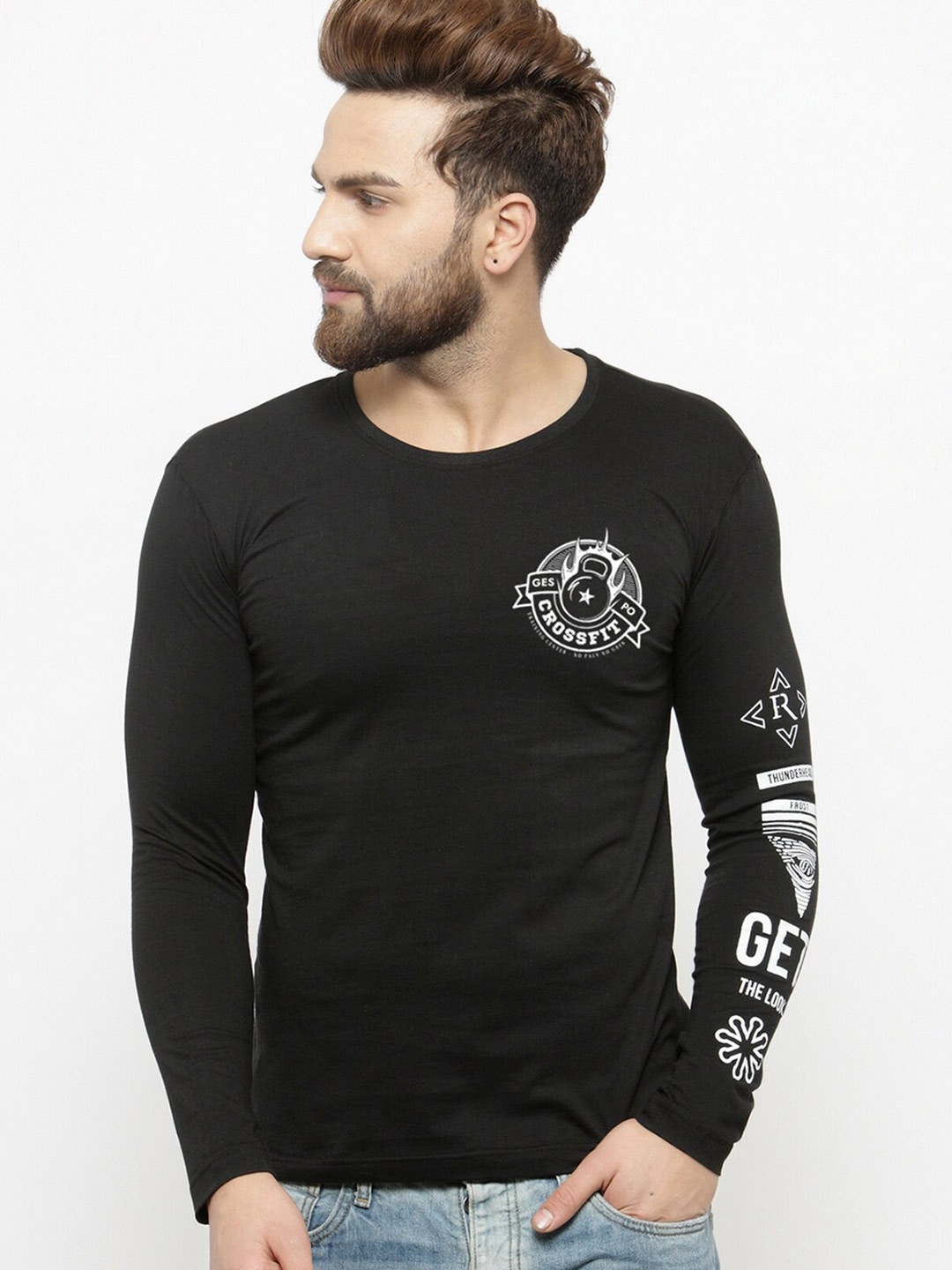 

GESPO Typography Printed Cotton T-shirt, Black