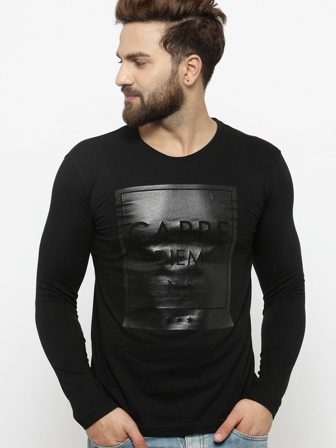 

GESPO Typography Printed Cotton T-shirt, Black