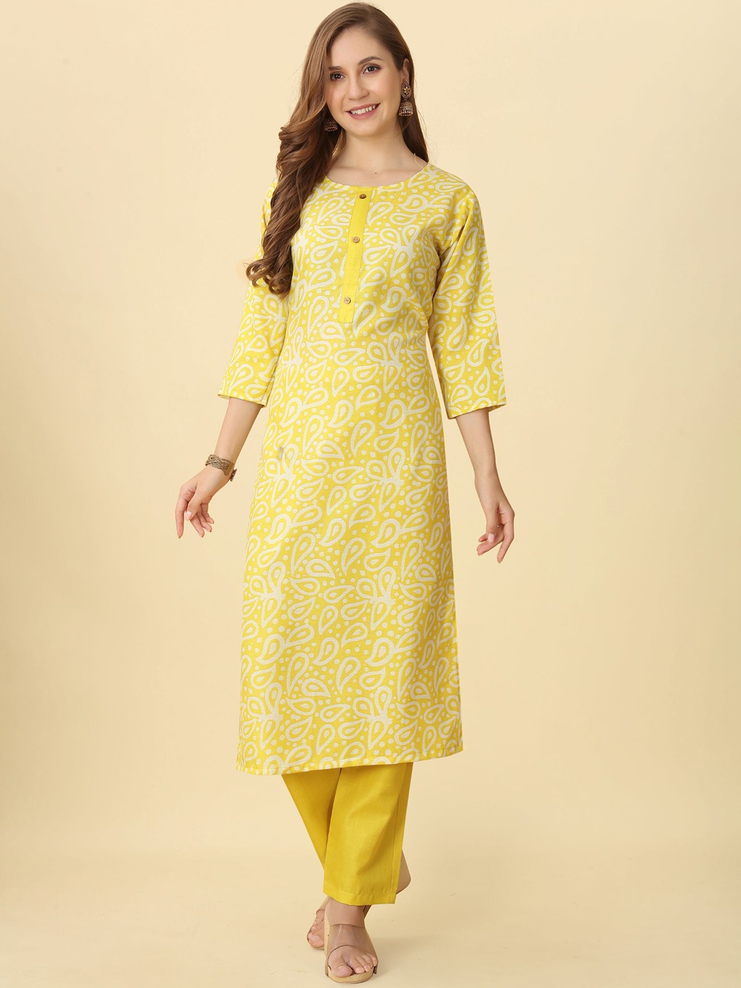 

PREMROOP- THE STYLE YOU LOVE Paisley Printed Gotta Patti Kurti with Trousers, Yellow