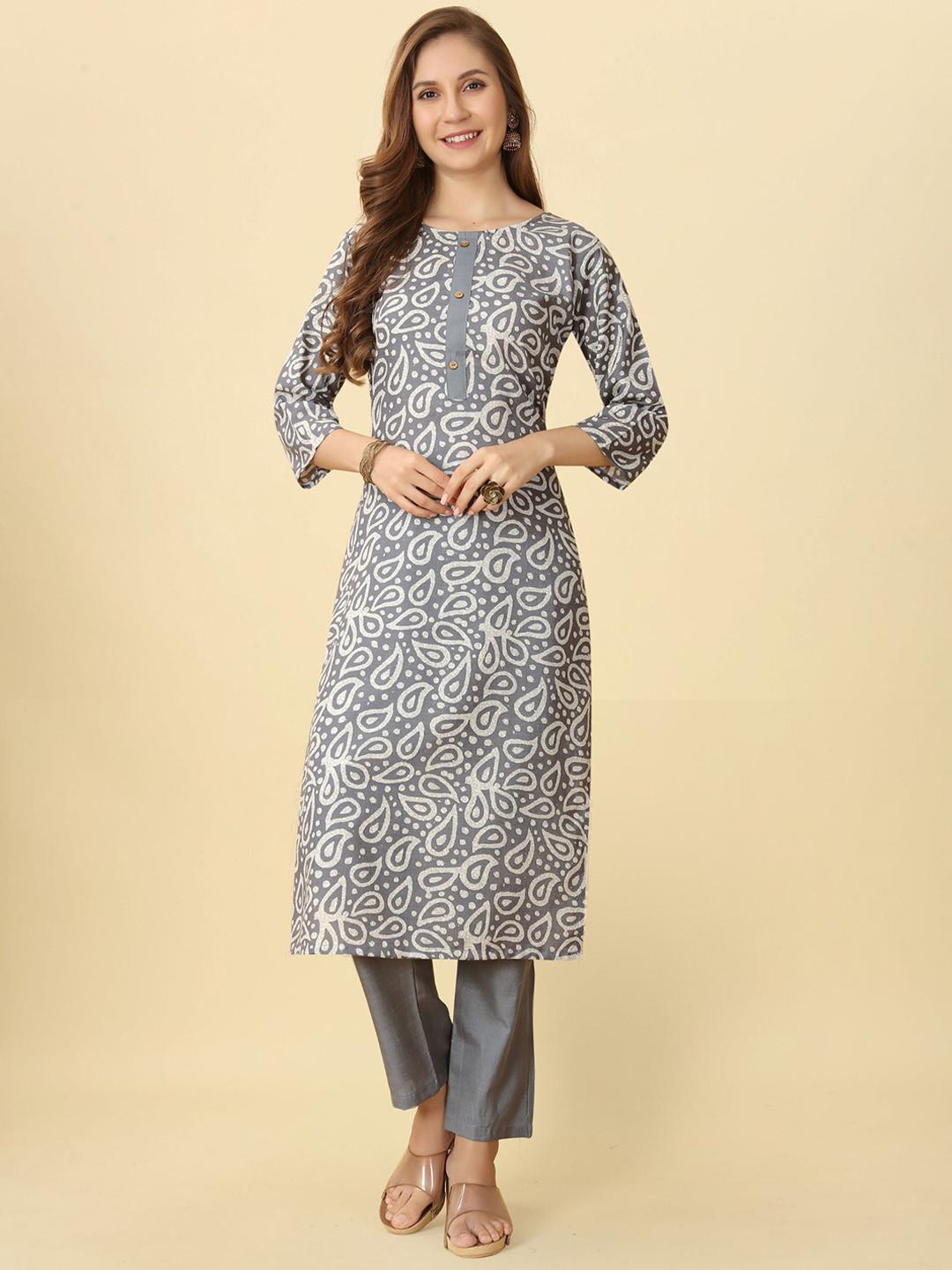 

PREMROOP- THE STYLE YOU LOVE Paisley Printed Gotta Patti Kurti with Trousers, Grey