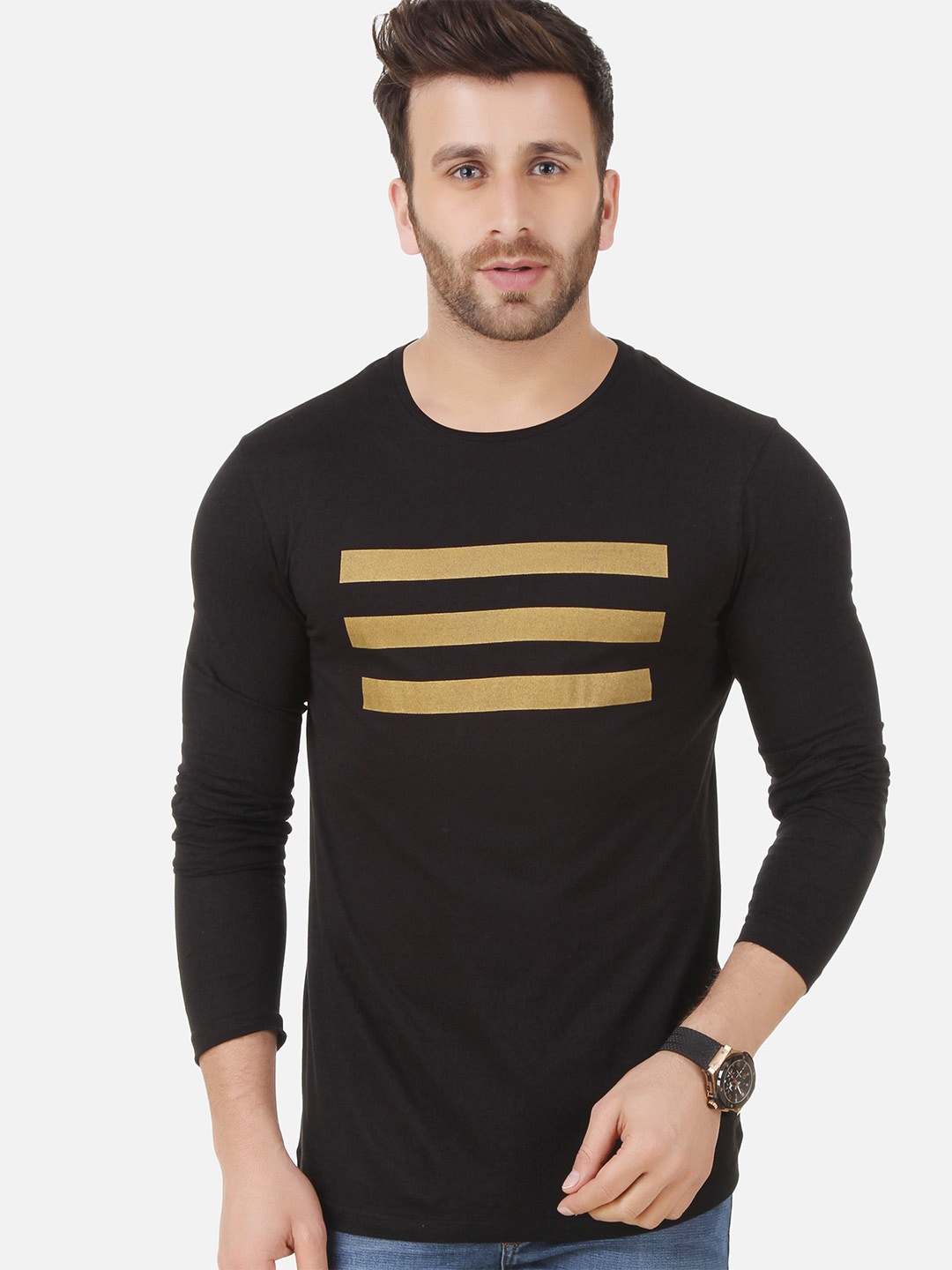 

AUSK Striped Round Neck Long Sleeve Cotton Regular T-shirt, Black
