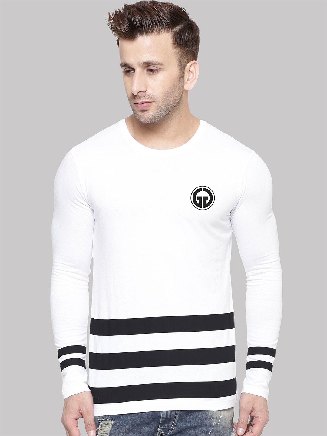 

AUSK Striped Round Neck Long Sleeve Monochrome Cotton Regular T-shirt, White