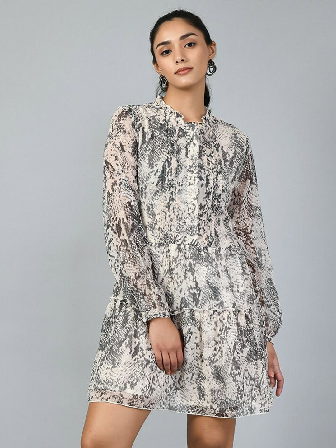 

TAKI TAKI Animal Printed Chiffon A-Line Dress, Grey