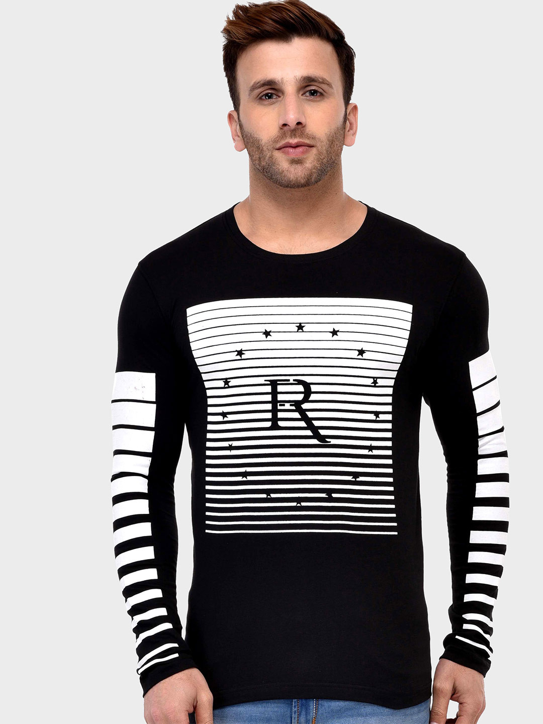 

GESPO Striped Monochrome Cotton T-shirt, Black