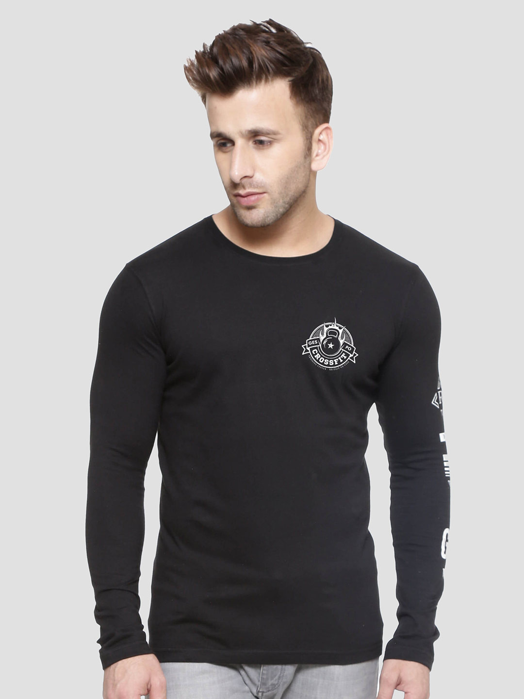 

GESPO Typography Printed Cotton T-shirt, Black