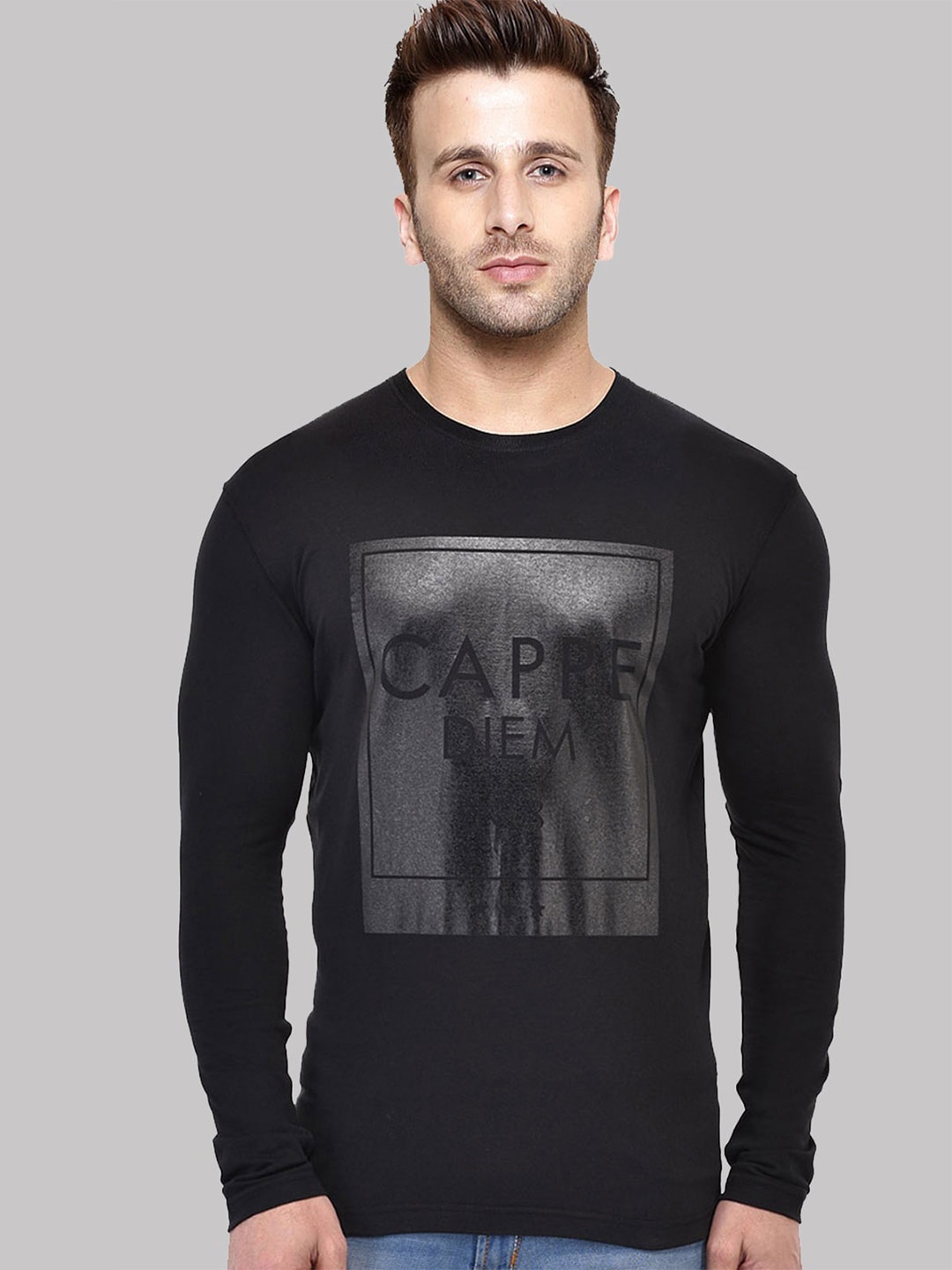 

GESPO Typography Printed Cotton T-shirt, Black