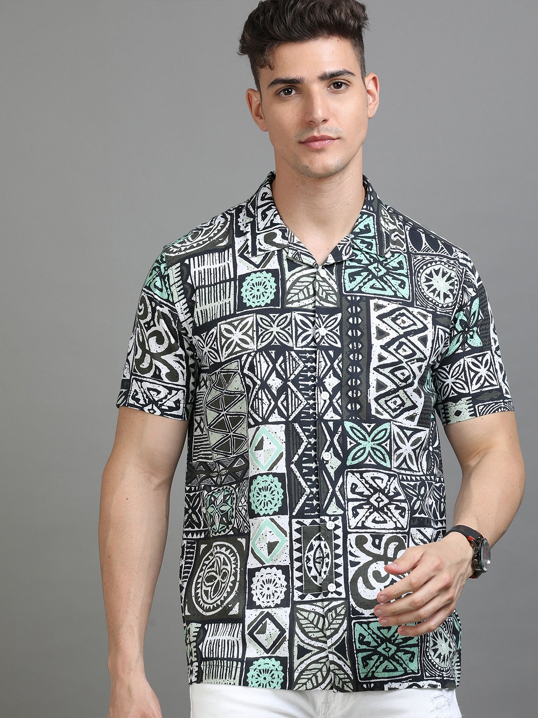 

HERE&NOW Abstract Printed Cotton Casual Shirt, White