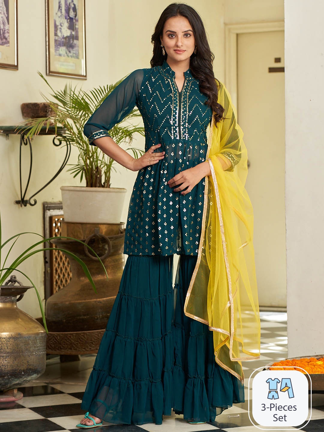 

KALINI Geometric Embroidered Mandarin Collar Sequined A-Line Kurti with Sharara & Dupatta, Green