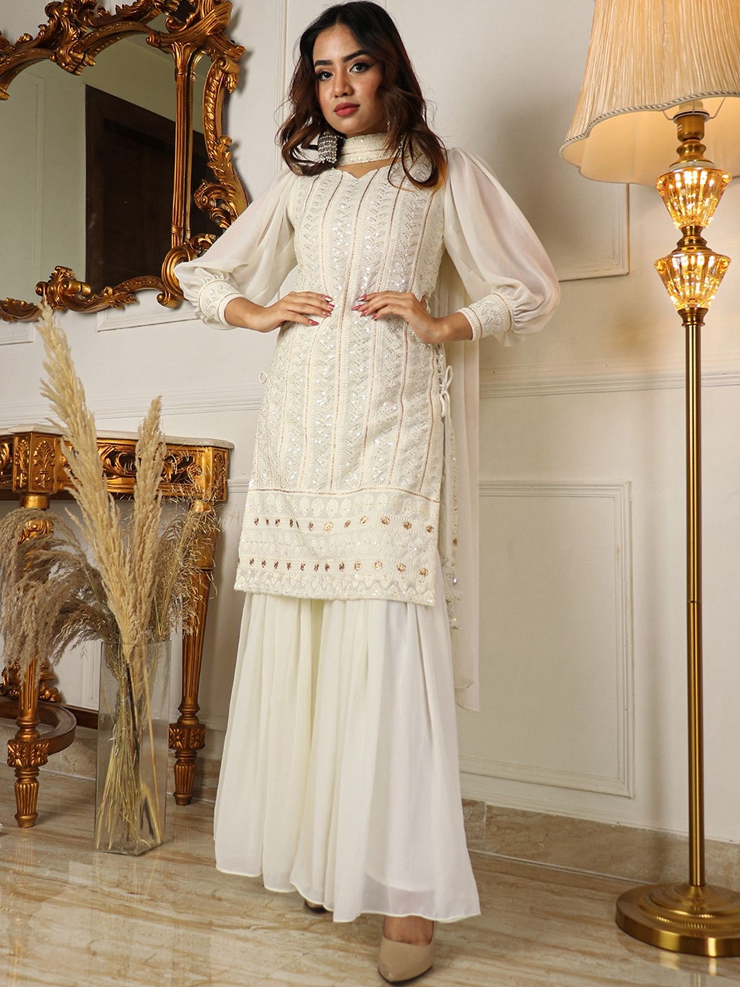 

KALINI Striped Sweetheart Neck Sequined Tie-Up Straight Kurta with Sharara & Dupatta, Cream