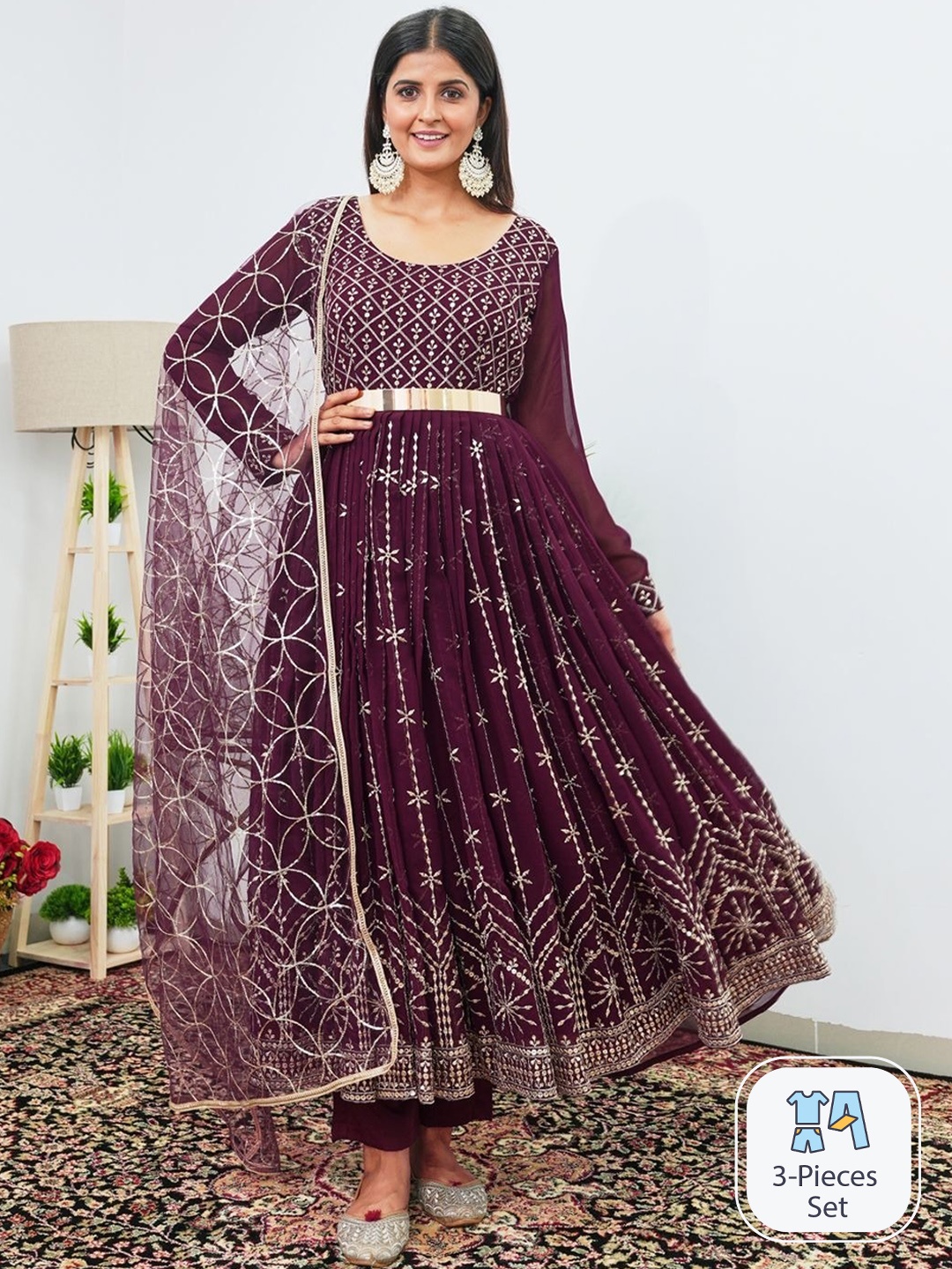 

KALINI Floral Embroidered Anarkali Kurta & Trousers With Dupatta, Purple