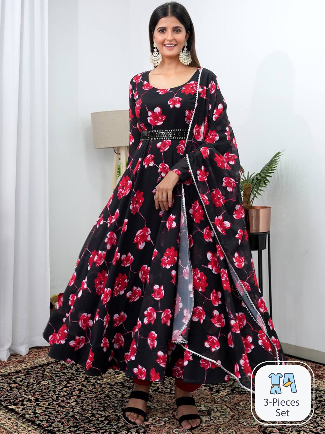 

KALINI Floral Printed Anarkali Kurta & Trousers With Dupatta, Black