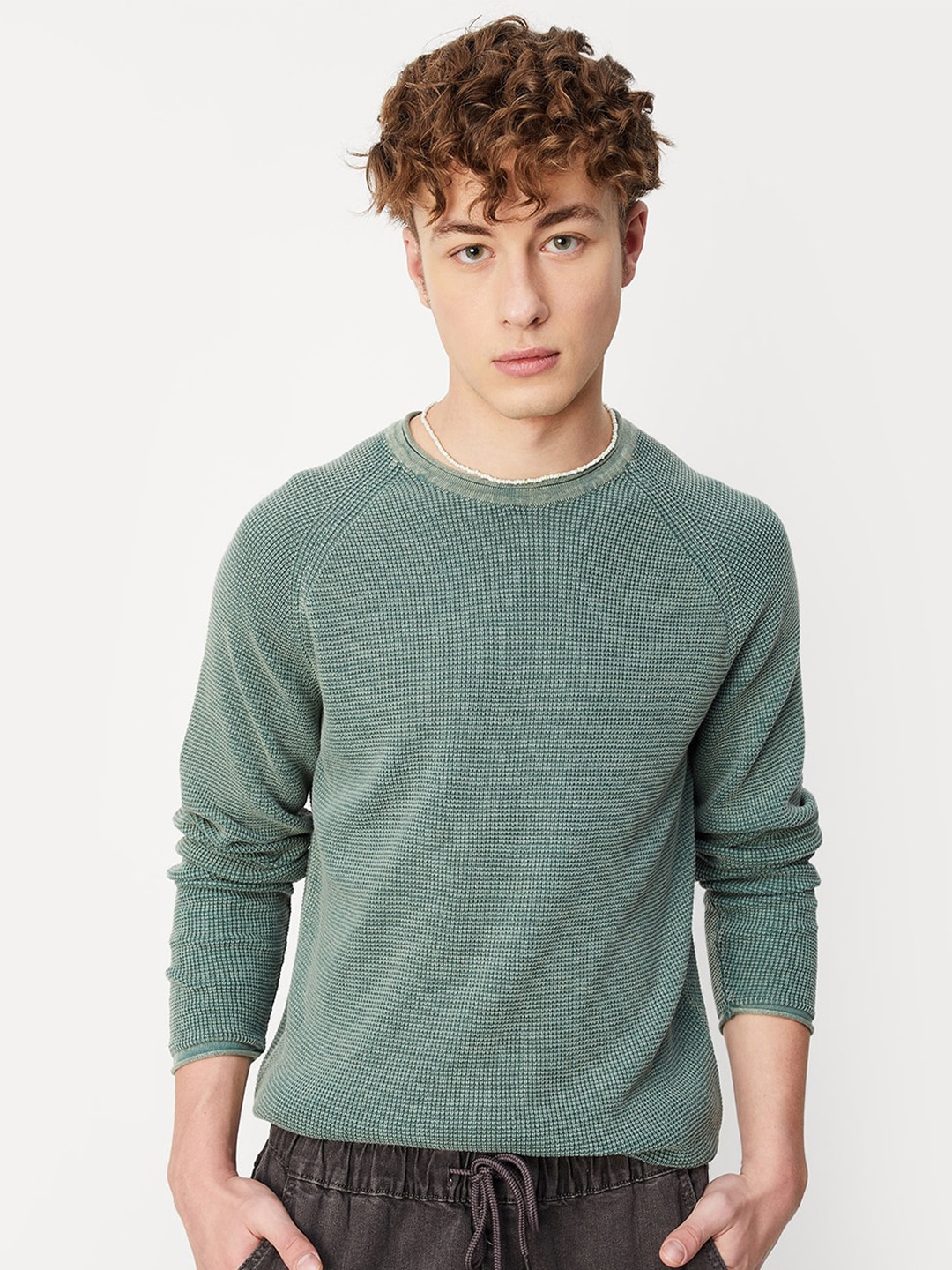 

max Self Design Cable Knit Cotton Pullover, Green