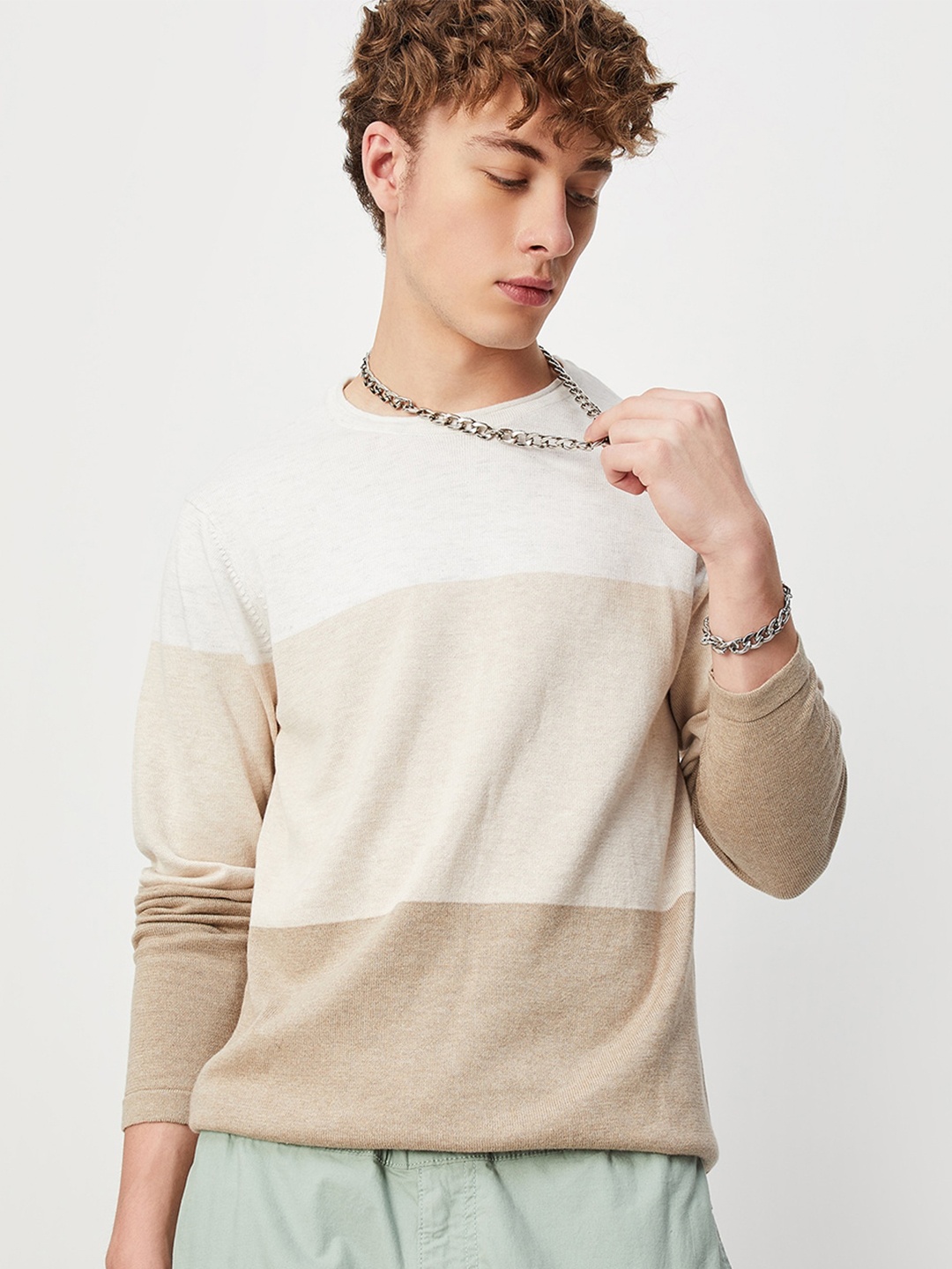 

max Colourblocked Cotton Pullover, Beige