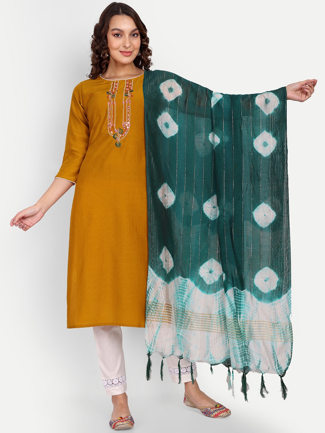

Growish Floral Yoke Design Mirror Work Kurta with Trousers & Dupatta, Yellow