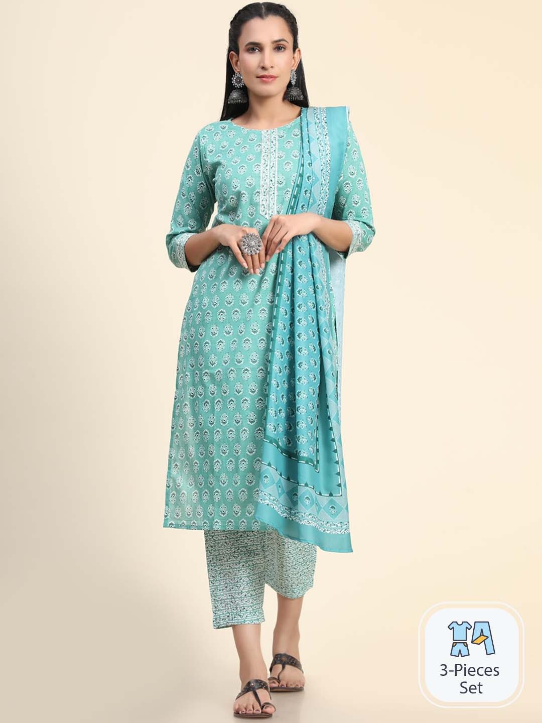 

Growish Floral Printed Gotta Patti Kurta With Trousers & Dupatta, Sea green